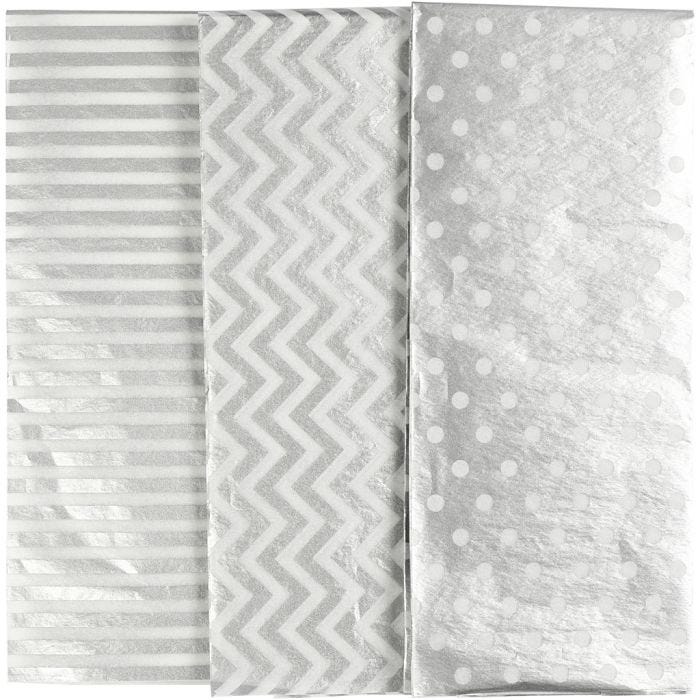 Papel de seda, hoja 50x70 cm, 17 gr, plata, 6 hoja/ 1 paquete