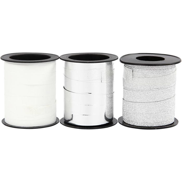 Cinta para rizar, A: 10 mm, plata, plata con purpurina, blanco, 3x15 m/ 1 paquete