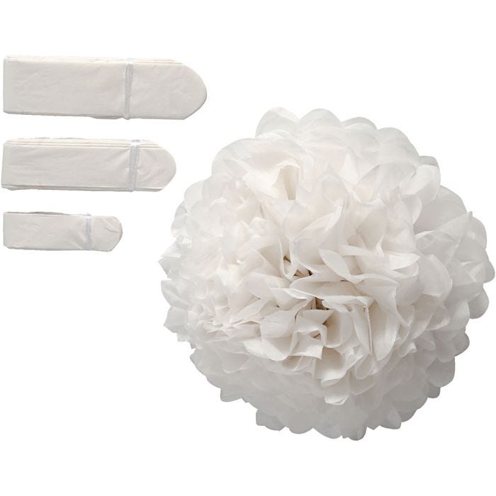 Pompones de seda, dia 20+24+30 cm, 16 gr, blanco, 3 ud/ 1 paquete