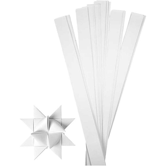 Tiras de papel para estrellas, L. 73 cm, dia 11,5 cm, A: 25 mm, blanco, 100tiras/ 1 paquete