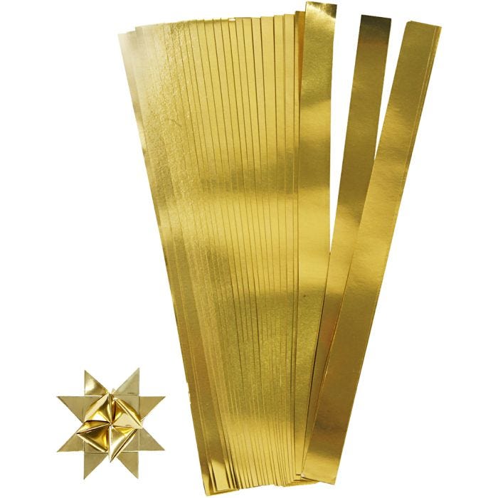 Tiras de papel para estrellas, L. 73 cm, dia 11,5 cm, A: 25 mm, dorado, 100tiras/ 1 paquete
