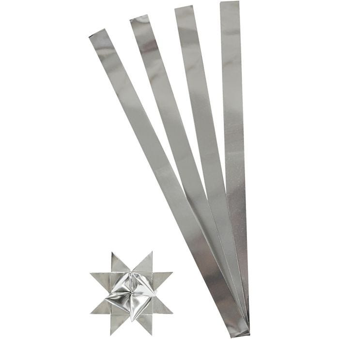 Tiras de papel para estrellas, L. 73 cm, A: 25 mm, dia 11,5 cm, plata, 100tiras/ 1 paquete