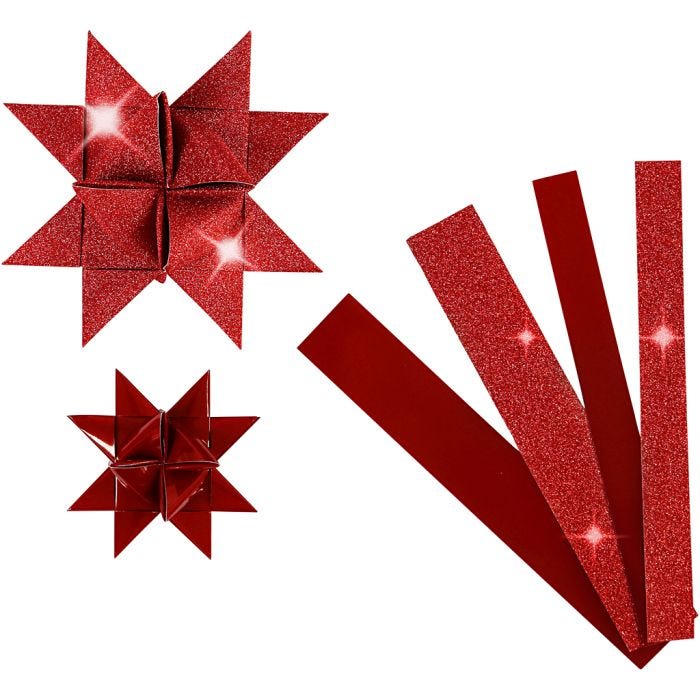 Tiras de papel para estrellas, L. 44+78 cm, dia 6,5+11,5 cm, A: 15+25 mm, purpurina,barniz, rojo, 40 tiras/ 1 paquete
