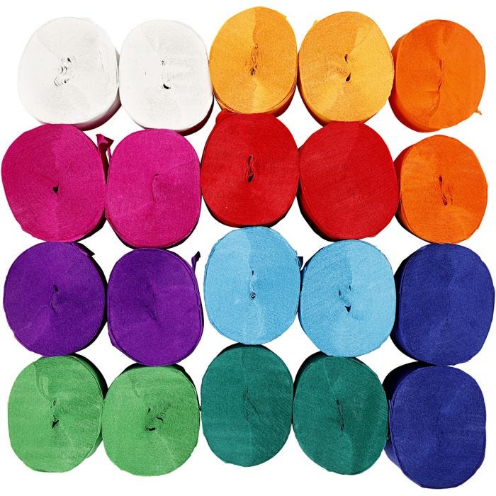 Rollos de Papel Crespón, L. 20 M, A: 5 cm, 22 gr, surtido de colores, 20 rollo/ 1 paquete