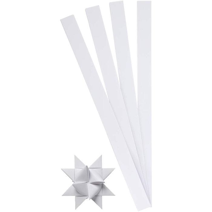 Tiras de papel para estrellas, L. 45 cm, A: 15 mm, dia 6,5 cm, blanco, 100tiras/ 1 paquete
