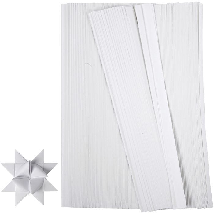 Tiras de papel para estrellas, L. 45 cm, A: 15 mm, dia 6,5 cm, blanco, 500 tiras/ 1 paquete