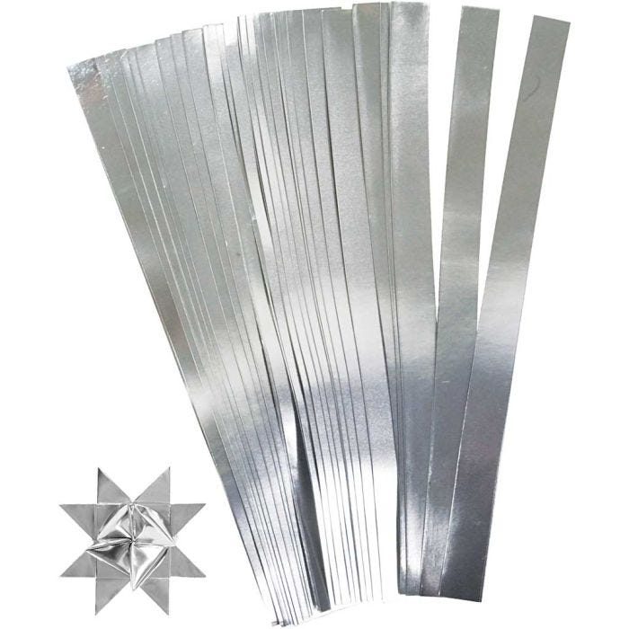 Tiras de papel para estrellas, L. 45 cm, dia 6,5 cm, A: 15 mm, plata, 100 tiras/ 1 paquete