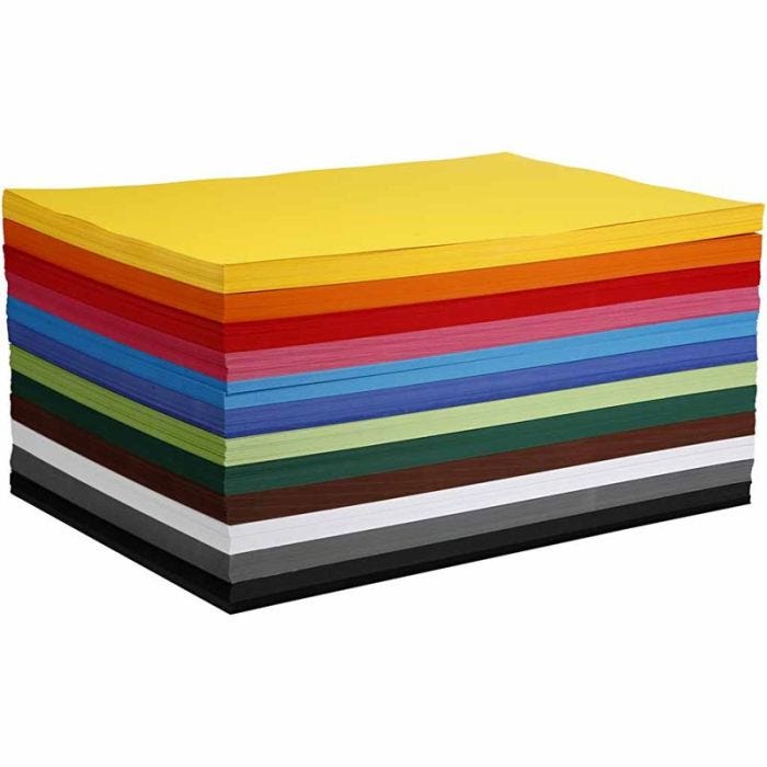 Cartulina de colores, A2, hoja 420x594 mm, 180 gr, surtido de colores, 120 hojas stdas/ 1 paquete