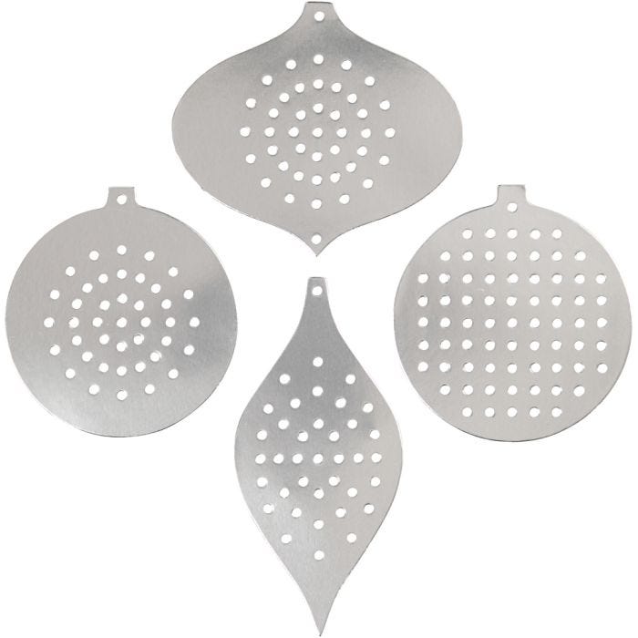 Cartulina para punto de cruz, Adorno de Navidad, A: 8,5-12 cm, medida agujero 3 mm, plata metalizado, 8 ud/ 1 paquete