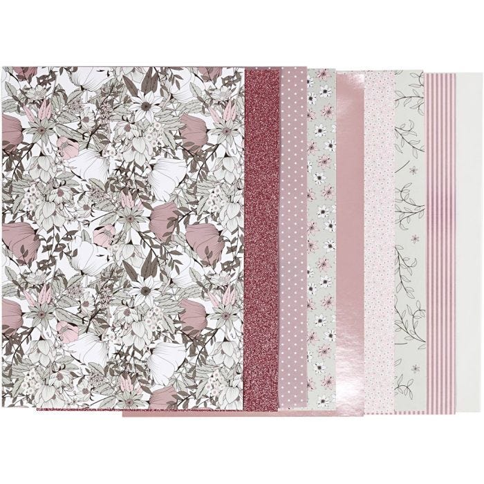 Bloc de papel de diseño, medidas 21x30 cm, 120+128 gr, beige, marrón, rosado, blanco, 24 hoja/ 1 paquete