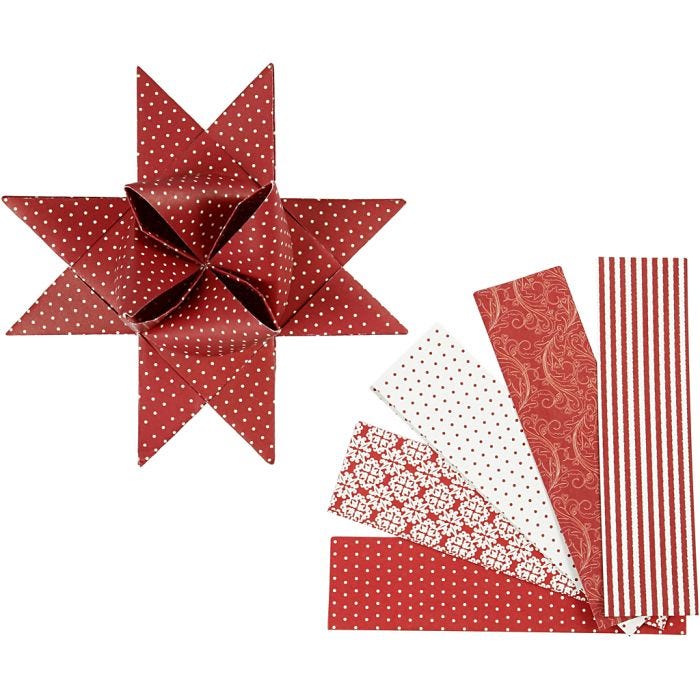 Tiras de papel para estrella, L. 100 cm, dia 18 cm, A: 40 mm, rojo, blanco, 40 tiras/ 1 paquete