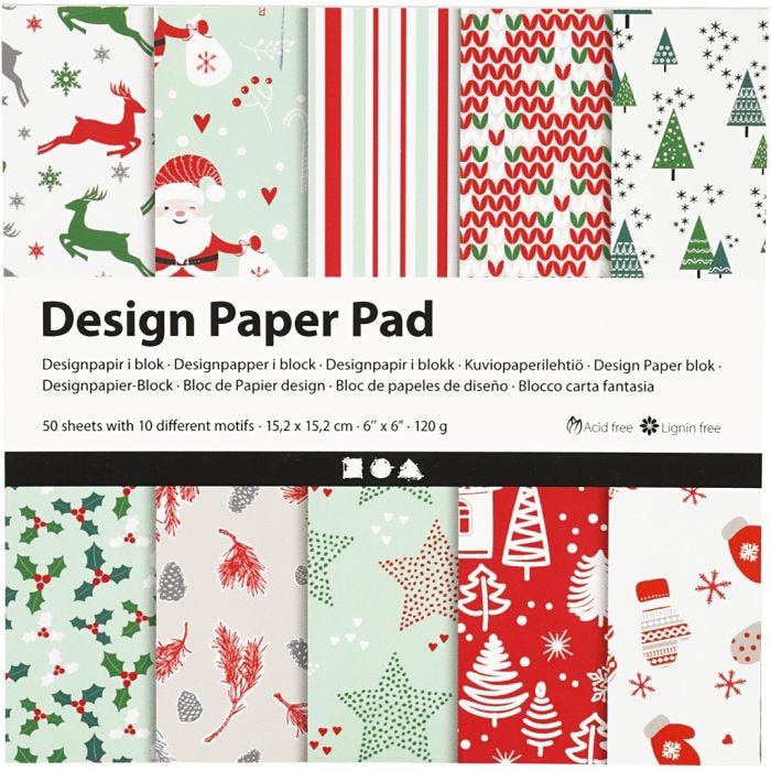 Bloc de papel de diseño, hoja 15,2x15,2 cm, 120 gr, verde, rojo, blanco, 50 hoja/ 1 paquete