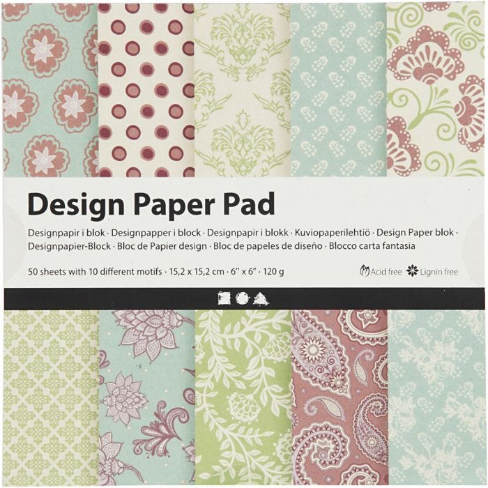 Bloc de papel de diseño, hoja 15,2x15,2 cm, 120 gr, verde menta, morado, 50 hoja/ 1 paquete