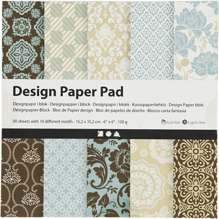 Bloc de papel de diseño, hoja 15,2x15,2 cm, 120 gr, azul claro, marrón, 50 hoja/ 1 paquete