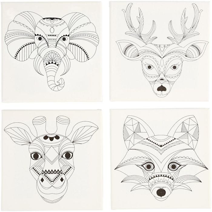Lienzos impresos, Animales, medidas 20x20 cm, 280 gr, blanco, 4 ud/ 1 paquete