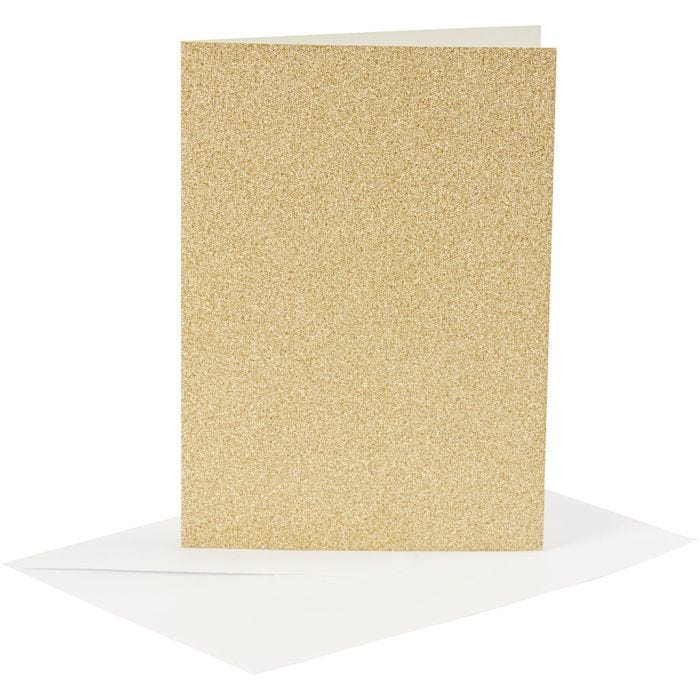 Postales y sobres, medida tarjeta 10,5x15 cm, medida sobre 11,5x16,5 cm, purpurina, 120+250 gr, dorado, 4 set/ 1 paquete