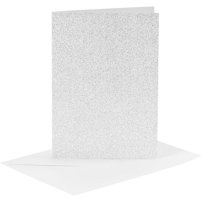 Postales y sobres, medida tarjeta 10,5x15 cm, medida sobre 11,5x16,5 cm, purpurina, 120+250 gr, plata, 4 set/ 1 paquete
