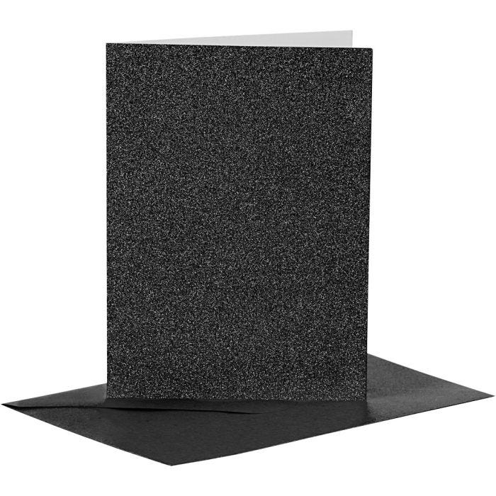 Postales y sobres, medida tarjeta 10,5x15 cm, medida sobre 11,5x16,5 cm, purpurina, 110+250 gr, negro, 4 set/ 1 paquete