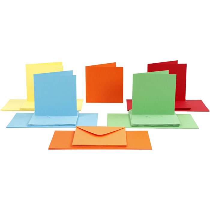 Tarjetas y sobres, medida tarjeta 15x15 cm, medida sobre 16x16 cm, 110+220 gr, surtido de colores, 50 set/ 1 paquete