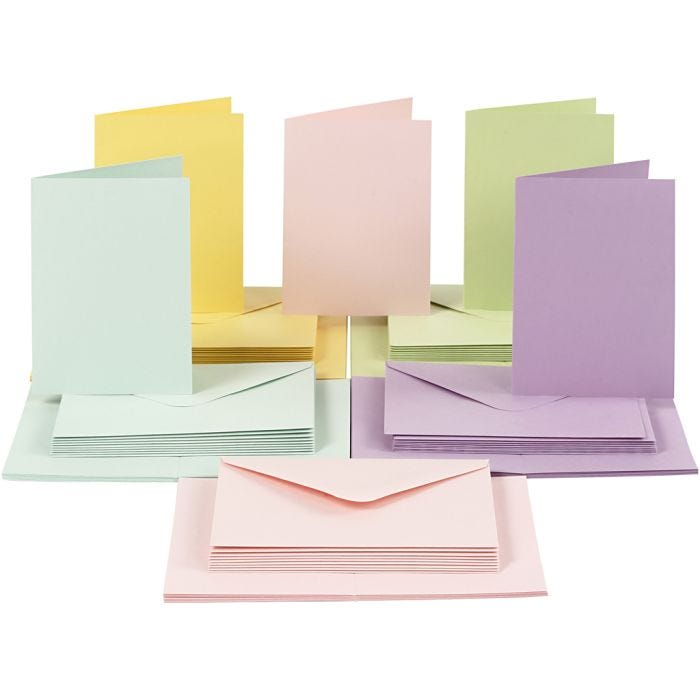 Tarjetas y sobres, medida tarjeta 10,5x15 cm, medida sobre 11,5x16,5 cm, 110+220 gr, colores pastel, 50 set/ 1 paquete