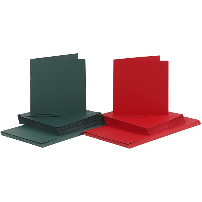 Tarjetas y sobres, medida tarjeta 15x15 cm, medida sobre 16x16 cm, 110+230 gr, verde, rojo, 50 set/ 1 paquete