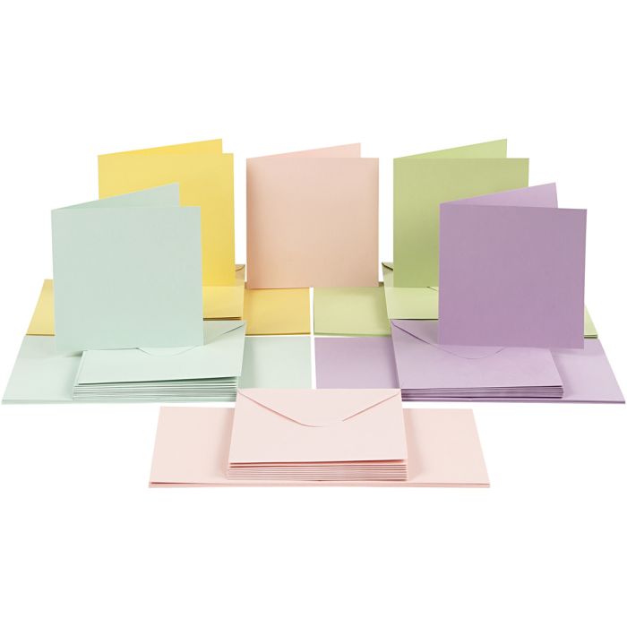 Tarjetas y sobres, medida tarjeta 15x15 cm, medida sobre 16x16 cm, 110+220 gr, colores pastel, 50 set/ 1 paquete
