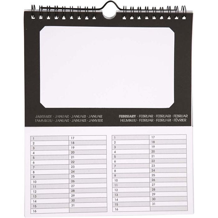 Calendario perpétuo, medidas 19x23 cm, medida agujero 15,3x9,2 cm, 180 gr, 5 ud/ 1 paquete
