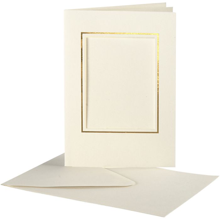 Tarjeta con Passepartout, Rectangular con borde dorado, medida tarjeta 10,5x15 cm, medida sobre 11,5x16,5 cm, blanquecino, 10 set/ 1 paquete