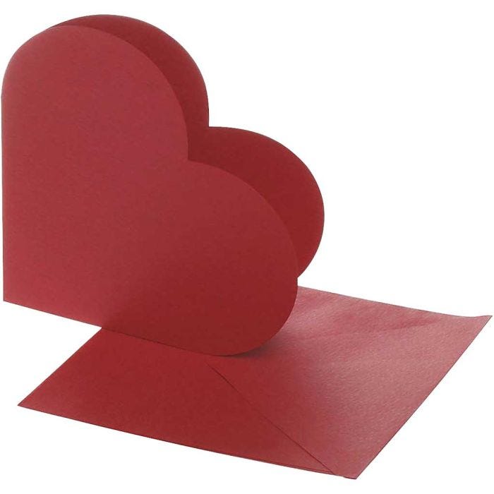 Tarjetas con forma de corazón, medida tarjeta 12,5x12,5 cm, medida sobre 13,5x13,5 cm, rojo, 10 set/ 1 paquete