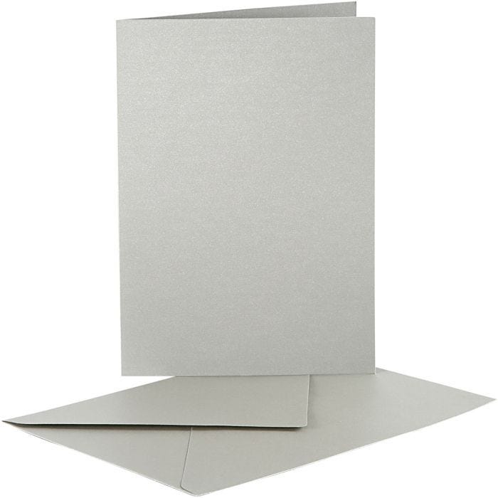 Postales y sobres perlados, medida tarjeta 10,5x15 cm, medida sobre 11,5x16,5 cm, plata, 10 set/ 1 paquete