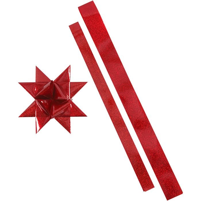 Tiras de estrellas, L. 86+100 cm, A: 25+40 mm, dia 11,5+18,5 cm, rojo, rojo purpurina, 16 tiras/ 1 paquete
