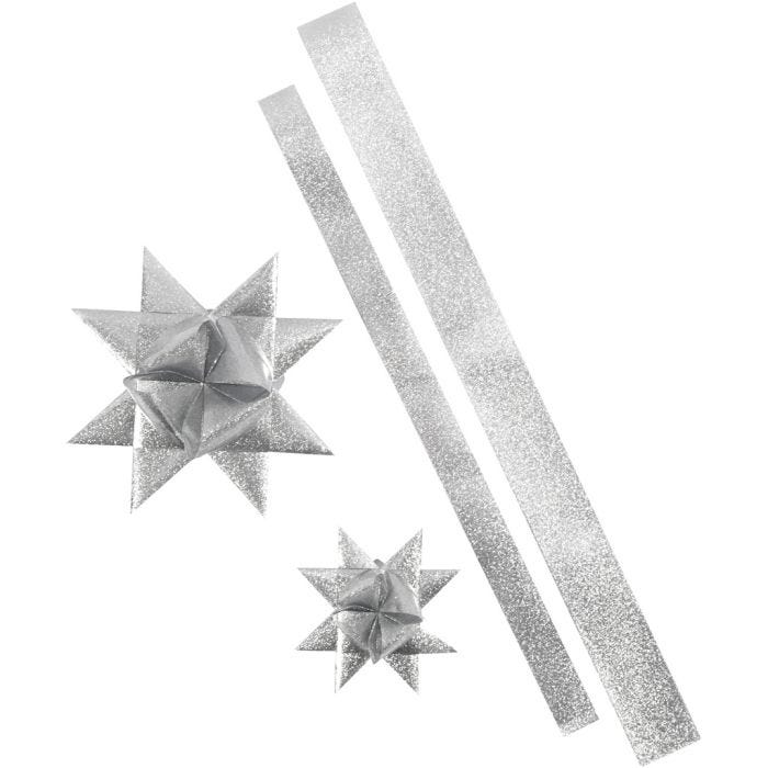 Tiras de estrellas, L. 86+100 cm, A: 25+40 mm, dia 11,5+18,5 cm, plata con purpurina, 16 tiras/ 1 paquete