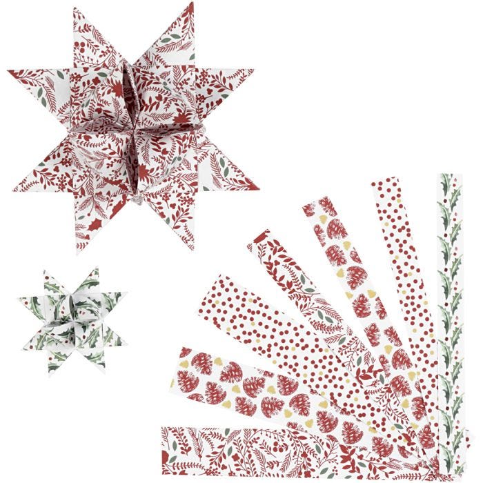 Tiras de papel para estrellas, L. 44+78 cm, A: 15+25 mm, dia 6,5+11,5 cm, rojo, blanco, 48 tiras/ 1 paquete