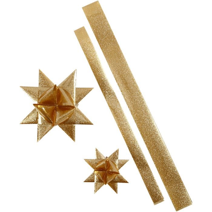 Tiras de estrellas, L. 86+100 cm, dia 11,5+18,5 cm, A: 25+40 mm, dorado purpurina, 16 tiras/ 1 paquete
