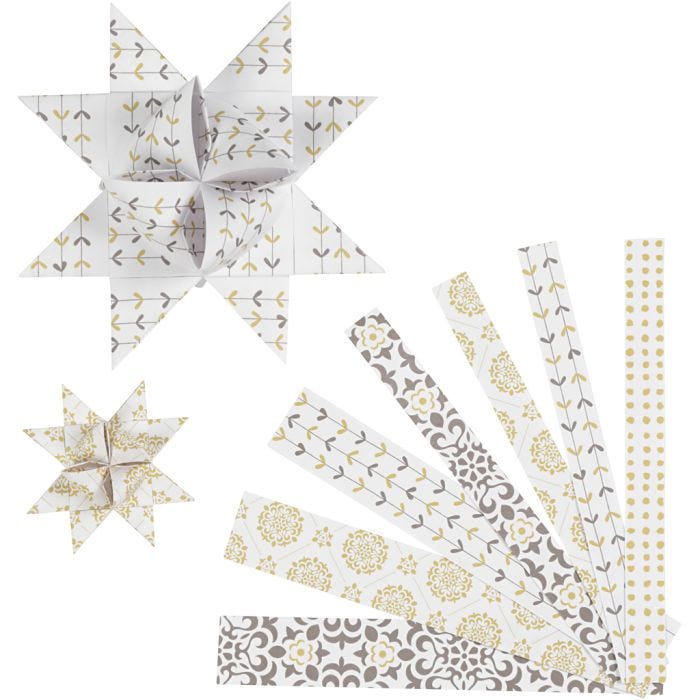 Tiras de papel para estrellas, L. 44+78 cm, dia 6,5+11,5 cm, A: 15+25 mm, dorado, blanco, 48 tiras/ 1 paquete