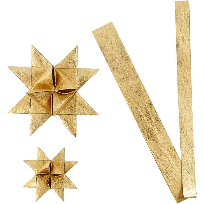 Tiras de estrellas de papel, L. 44+78 cm, dia 6,5+11,5 cm, A: 15+25 mm, dorado, 32 tiras/ 1 paquete