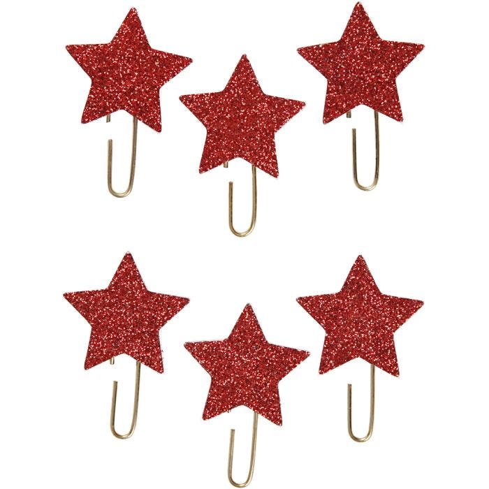 Clips metálicos, Estrella, dia 30 mm, rojo purpurina, 6 ud/ 1 paquete