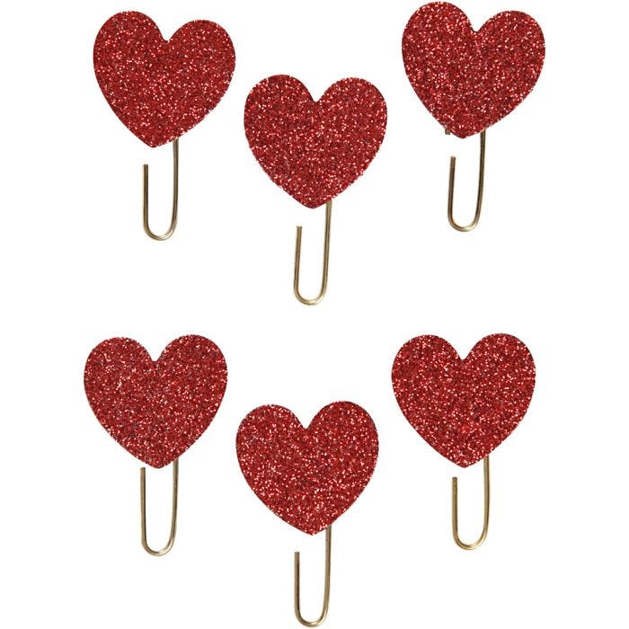 Clips metálicos, Corazón, dia 30 mm, rojo purpurina, 6 ud/ 1 paquete