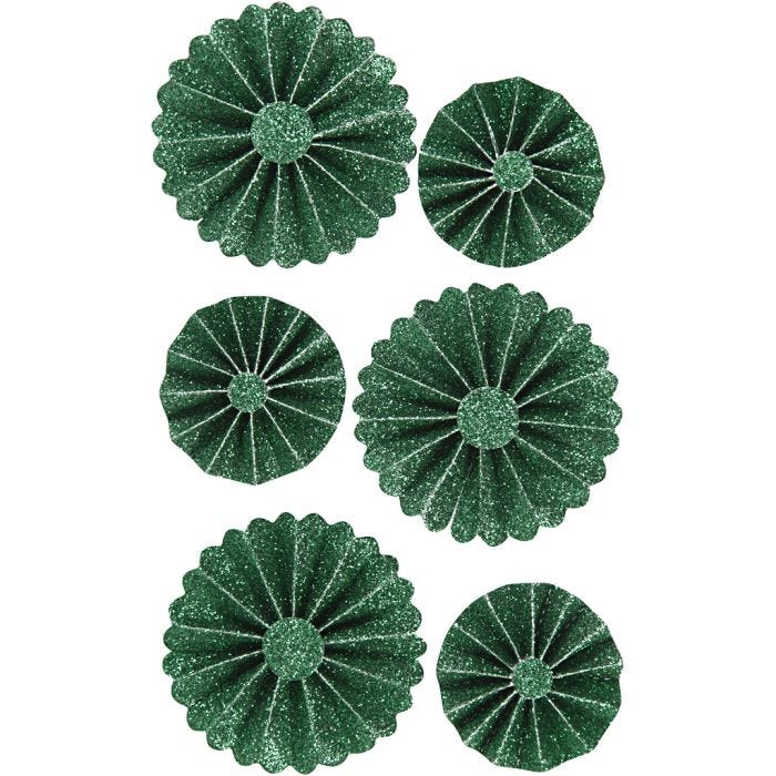 Rosetas de papel, dia 35+50 mm, verde purpurina, 6 ud/ 1 paquete