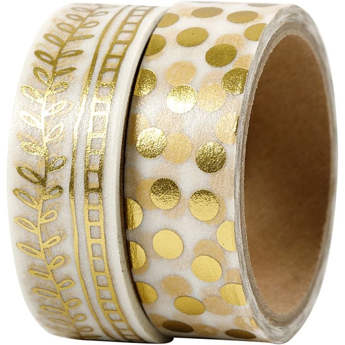 Cinta adhesiva, cenefa y topos - metalizado, A: 15 mm, dorado, 2x4 m/ 1 paquete