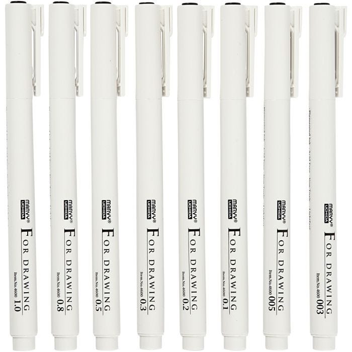 Marcadores permanentes, trazo ancho 0,03+0,05+0,1+0,2+0,3+0,5+0,8+1,0 mm, negro, 8 ud/ 1 paquete