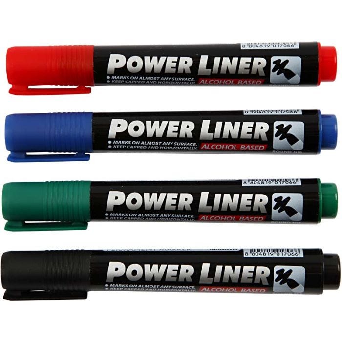 Power liner, trazo ancho 1,5-3 mm, negro, azul, verde, rojo, 4 ud/ 1 paquete