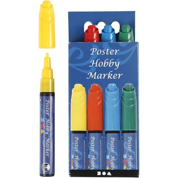 Rotulador Poster Hobby, trazo ancho 3 mm, azul, verde, rojo, amarillo, 4 ud/ 1 paquete