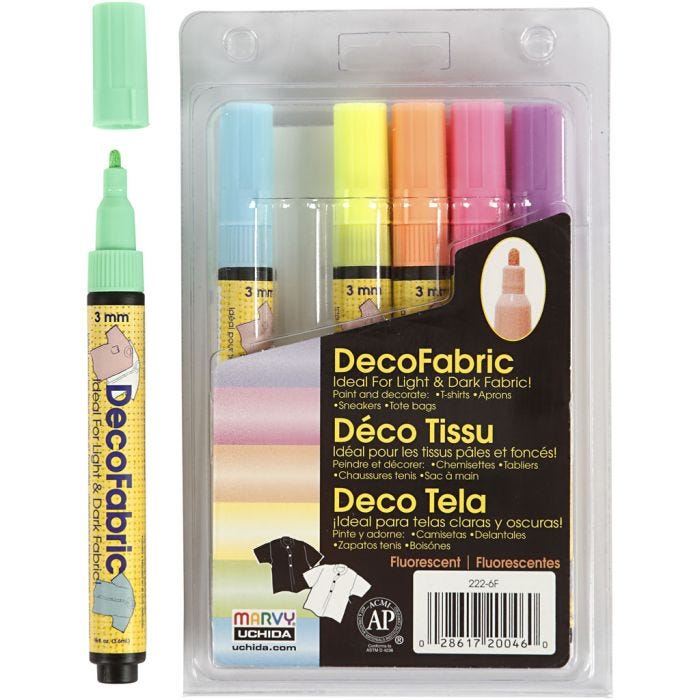 Rotulador de Purpurina para Tela, trazo ancho 3 mm, colores neón, 6 ud/ 1 paquete