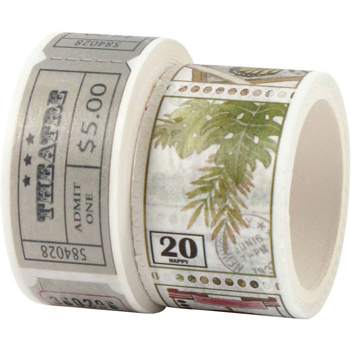 Washi tape, Billete y motivo de la naturaleza, L. 3+5 M, A: 20+25 mm, 2 rollo/ 1 paquete