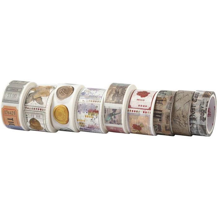 Washi tape, L. 3+5 M, A: 15+25 mm, 9 rollo/ 1 paquete
