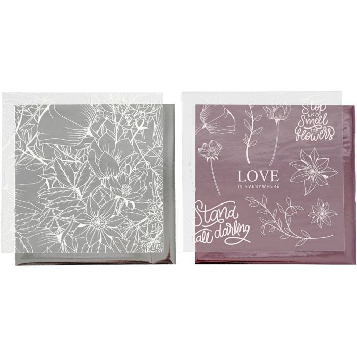 Papel para decorar y papel para transfer, Flores, hoja 15x15 cm, rosado, plata, 4 hoja/ 1 paquete