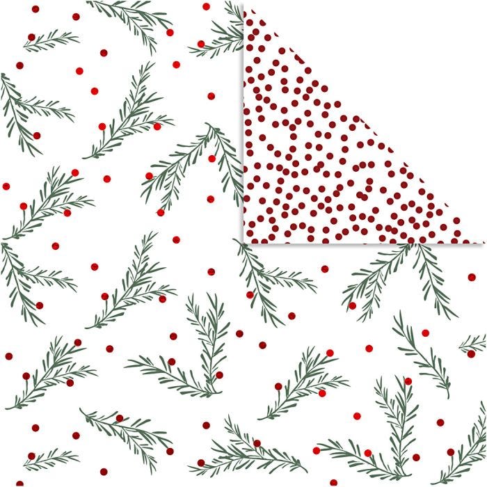 Papel estampado, Rama de abeto y topos, hoja 30,5x30,5 cm, 180 gr, dorado, verde, rojo, blanco, 3 hoja/ 1 paquete