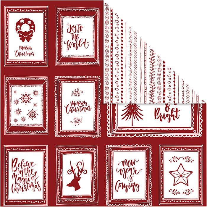 Papel estampado, Marcos con texto y garabatos, hoja 30,5x30,5 cm, 180 gr, 5 hoja/ 1 paquete