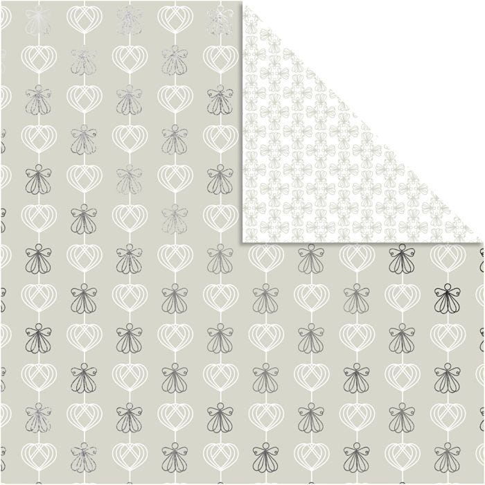 Papel estampado, Ángeles &amp; Corazones, hoja 30,5x30,5 cm, 180 gr, plata, 3 hoja/ 1 paquete